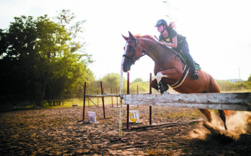 Young female jockey on horse leaping over hurdle